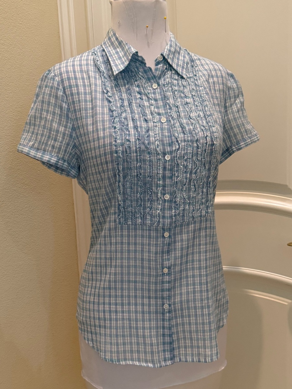 New J. Crew micro blue plaid shirt with mini ruffle front